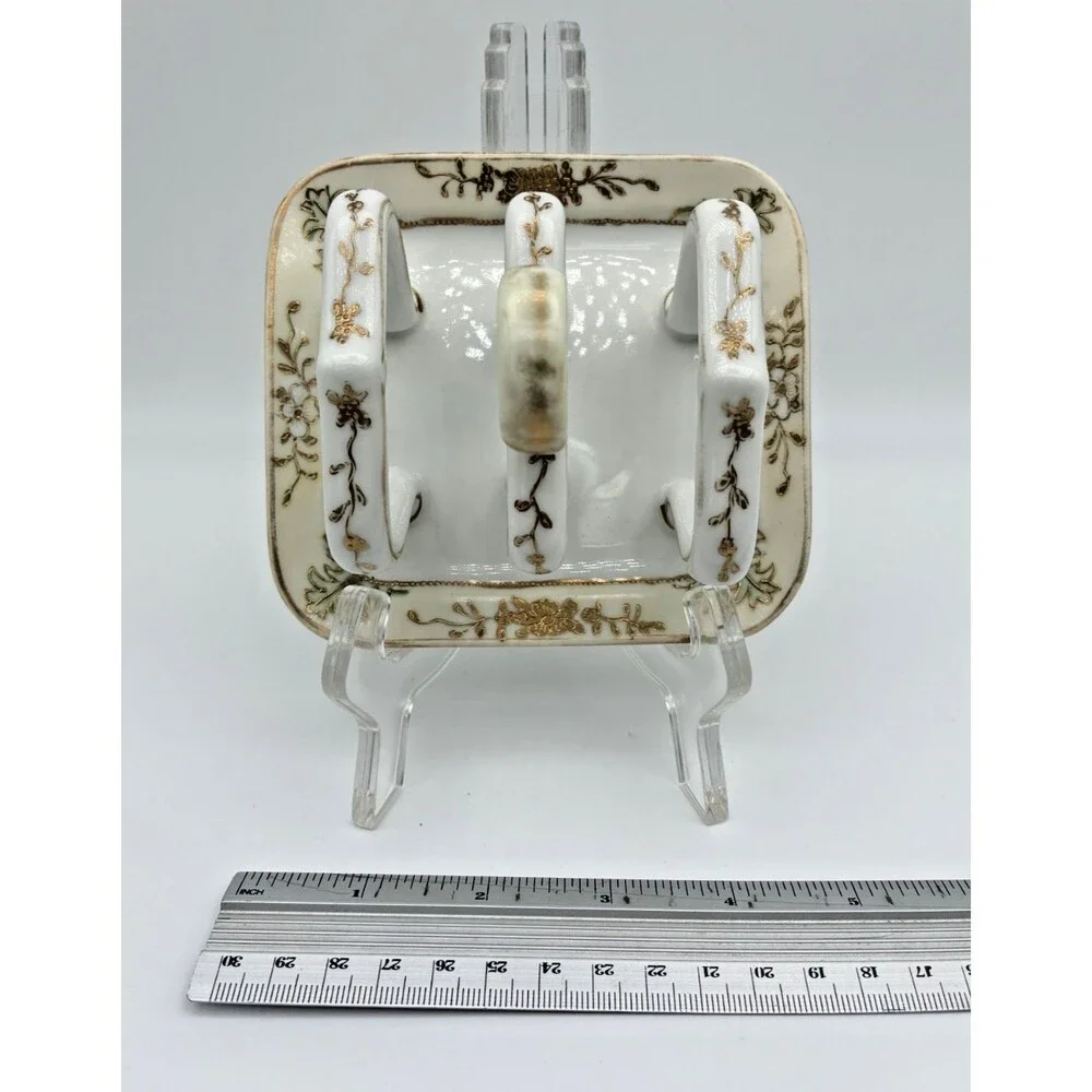 Antique Nippon Hand Painted Toast Rack Holder White Gold Flower Bead Trim 5 in